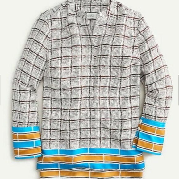 J.Crew Silk-twill tunic in speckled plaid-AN412-IVORY BROWN BLUE-NWT - Picture 1 of 2